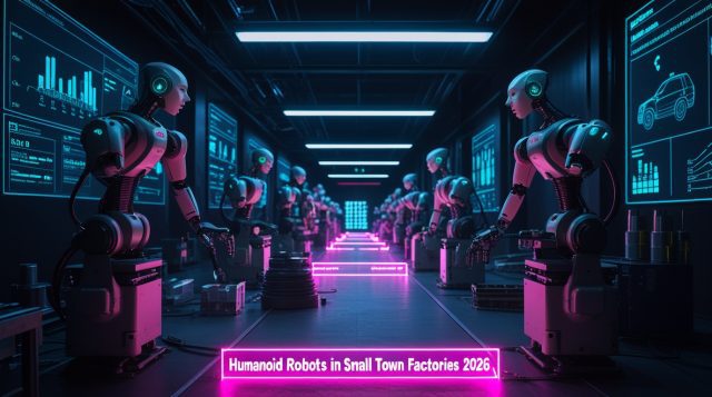 Humanoid Robots in Small Town Factories 2026 BMW Spartanburg Pilot illustration showing humanoid robots working inside a smaller automotive factory environment with manufacturing equipment and robotic arms, while holographic overlays display automation metrics and production data, representing the shift toward humanoid robotics in regional manufacturing plants.