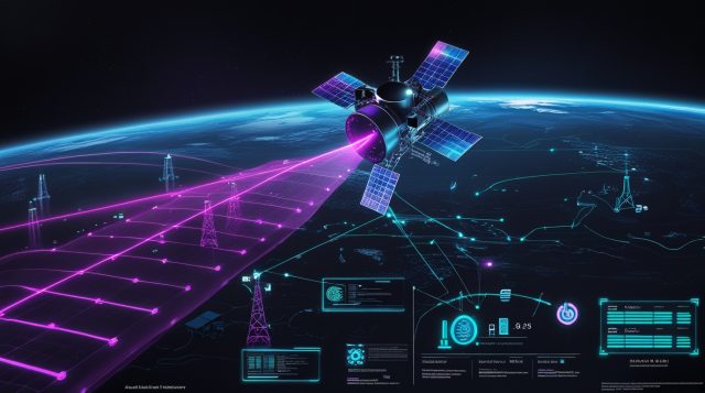 hybrid satellite-cellular IoT modules 2026 — satellite beaming neon signals to remote industrial assets on black landscape