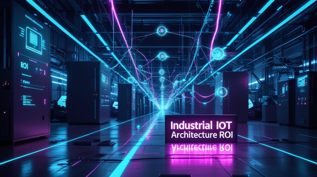 industrial IoT architecture ROI — dark cyberpunk smart factory with glowing edge computing nodes sensor networks and data pipeline overlays 2026