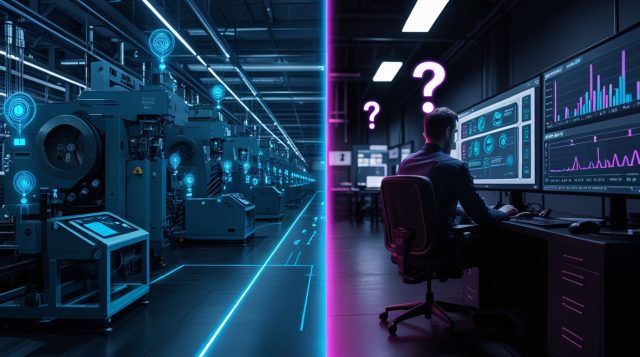 industrial IoT ROI 2026 — factory floor sensors generating measurable cost savings versus unused data dashboard with no financial return