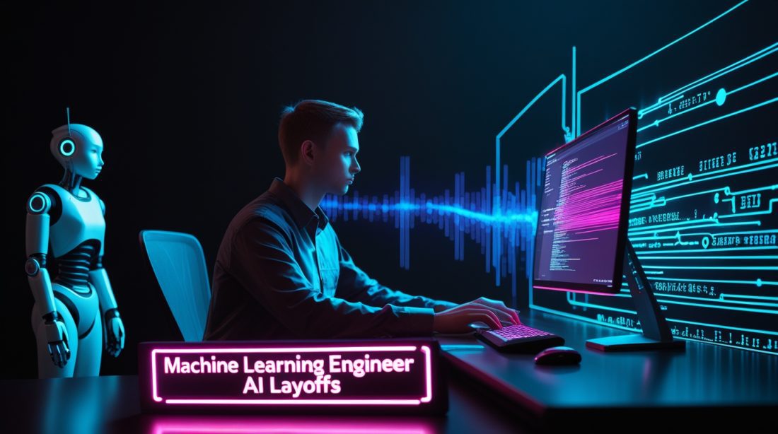 Machine Learning Engineer AI Layoffs illustration showing a lone machine learning engineer at a dark workstation while collapsing AI code and data streams dissolve into circuits near an inactive humanoid robot, with a neon sign reading “Machine Learning Engineer AI Layoffs,” symbolizing automation and job displacement in the AI industry.