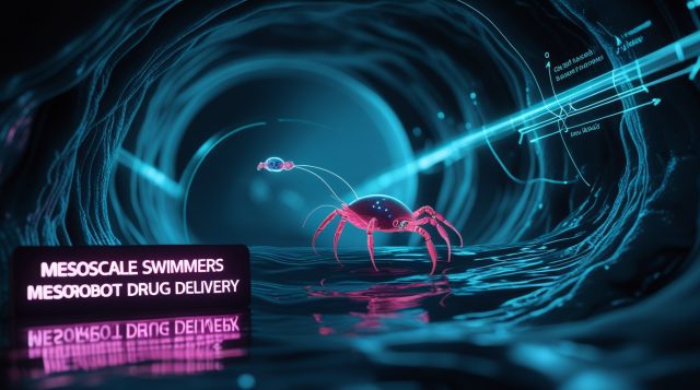 Mesoscale Swimmers Mesorobot Drug Delivery illustration showing a microscopic biomimetic robot resembling a small crustacean swimming through a fluid-filled tunnel inside the human body, with holographic overlays visualizing drug delivery pathways, tumor targeting coordinates, and fluid dynamics guiding the mesorobot through the bloodstream.