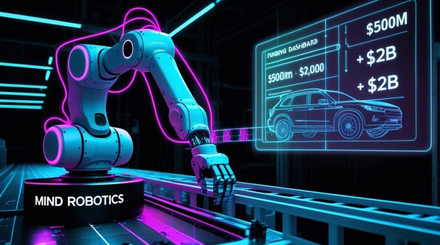 `Mind Robotics $500M Series A funding 2026 — Rivian factory robot arm assembling automotive components on production line`