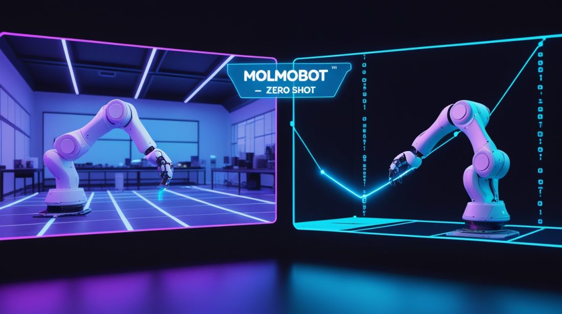 MolmoBot zero-shot sim-to-real transfer 2026 — robot arm trained entirely in simulation performing real-world pick and place tasks with no real-world training data