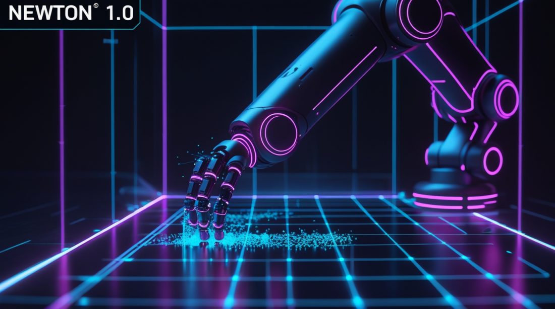 NVIDIA Newton 1.0 physics engine robot training 2026 — GPU accelerated simulation environment showing robot arm performing precise connector insertion task`