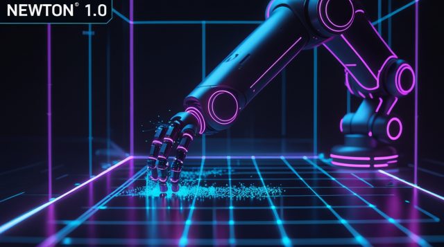 NVIDIA Newton 1.0 physics engine robot training 2026 — GPU accelerated simulation environment showing robot arm performing precise connector insertion task`