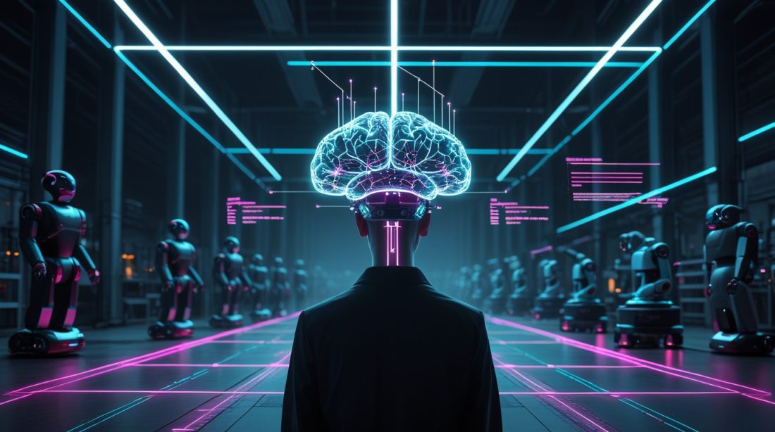 Skild AI Robotics Manufacturing Foundation Model Raised $1.4B illustration showing a glowing neural network brain controlling multiple factory robots including humanoids, robotic arms, and mobile robots connected through light streams, with holographic manufacturing data and AI system metrics surrounding the scene.