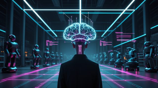 Skild AI Robotics Manufacturing Foundation Model Raised $1.4B illustration showing a glowing neural network brain controlling multiple factory robots including humanoids, robotic arms, and mobile robots connected through light streams, with holographic manufacturing data and AI system metrics surrounding the scene.