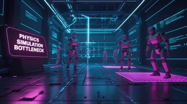 physics simulation bottleneck robotics — humanoid robot training inside glowing cyberpunk simulation environment with neon blue contact dynamics overlays 2026