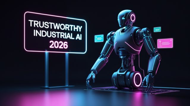“Trustworthy Industrial AI 2026” displayed as a glowing neon headline in a dark cyberpunk industrial setting, featuring a sleek robotic arm with subtle illuminated circuits and minimal holographic data overlays symbolizing transparency, reliability, and next-generation industrial AI systems.