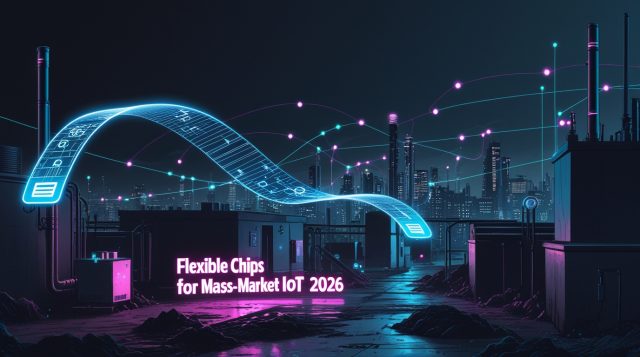 Flexible Chips for Mass-Market IoT emerging economies 2026 illustration showing a bendable microchip integrated into everyday industrial and urban devices, with connected IoT networks expanding across a developing city, highlighting scalable low-cost deployment and increased connectivity in emerging markets.