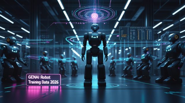 GenAI self-generating robot training data industrial automation 2026 illustration showing a central robot surrounded by holographic training simulations and synthetic data streams, where AI-generated scenarios continuously train and improve real factory robots through automated feedback loops and performance optimization.