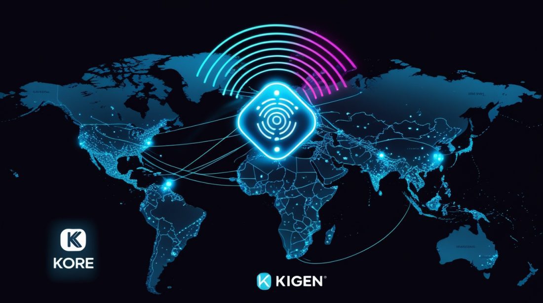 KORE Kigen SGP.32 IoT Connectivity illustration showing a global map with interconnected IoT device nodes glowing in neon blue, centered around an eSIM chip emitting wireless signal waves, representing scalable remote connectivity and modern IoT infrastructure.