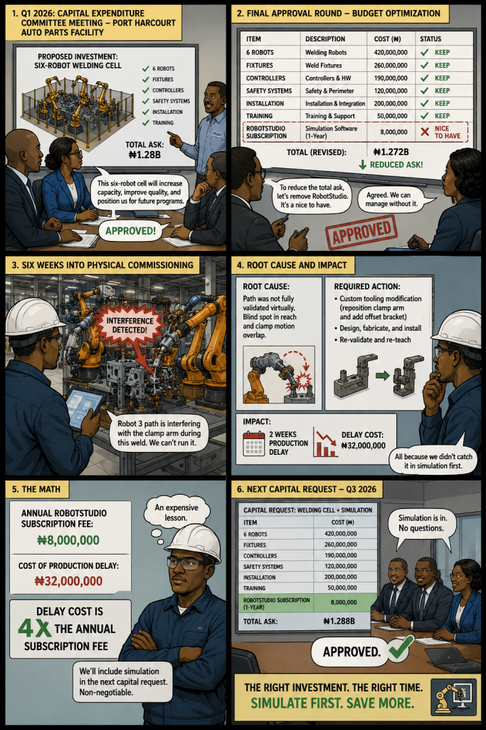 ABB RobotStudio Virtual Twin ROI comic by creedtec