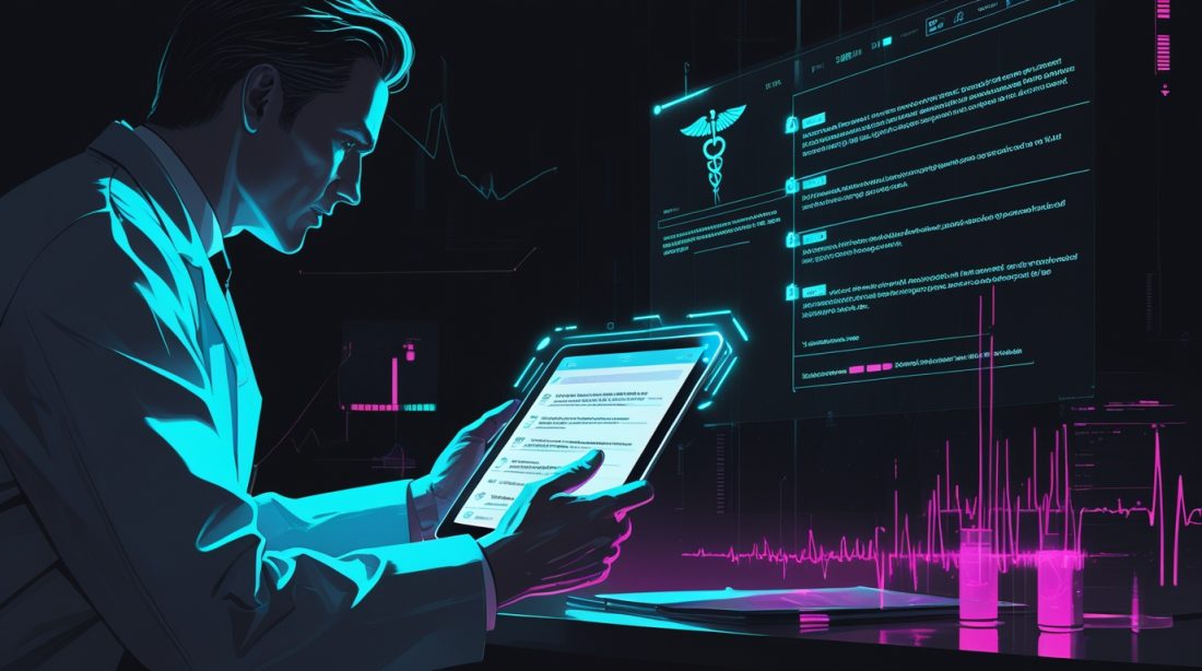 AI Systems Are Hallucinating Nonexistent Medical Issues transcription error illustration showing a physician reviewing a tablet with AI-generated medical notes, where warning overlays highlight fabricated statements and transcription errors that do not match the patient’s actual conversation.