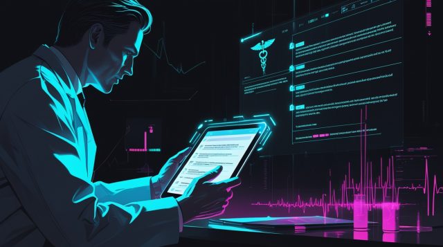 AI Systems Are Hallucinating Nonexistent Medical Issues transcription error illustration showing a physician reviewing a tablet with AI-generated medical notes, where warning overlays highlight fabricated statements and transcription errors that do not match the patient’s actual conversation.