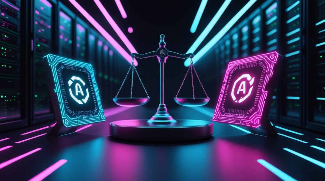 CoreWeave CEO Michael Intrator's NVIDIA capacity warning illustration showing two competing AI chips on opposite sides of a balanced scale with the CoreWeave logo at the center, set against rows of data center servers, symbolizing strategic tension over GPU supply and infrastructure capacity constraints.