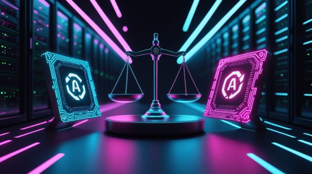 CoreWeave CEO Michael Intrator's NVIDIA capacity warning illustration showing two competing AI chips on opposite sides of a balanced scale with the CoreWeave logo at the center, set against rows of data center servers, symbolizing strategic tension over GPU supply and infrastructure capacity constraints.