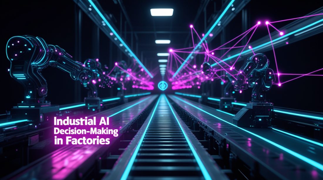 Industrial AI Decision-Making in Factories illustration showing a futuristic factory floor with robotic arms, conveyor belts, and glowing AI decision nodes connected through holographic data streams, visualizing real-time industrial automation intelligence and machine-driven operational decisions.