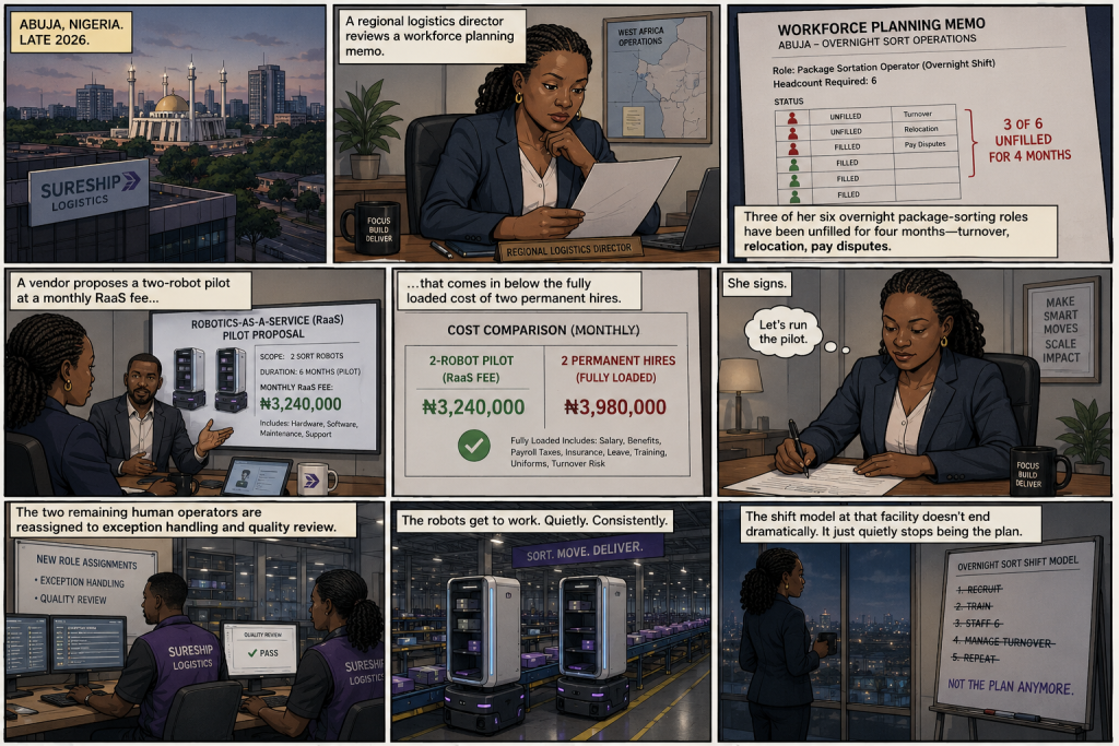 Humanoid Robots Nonstop in Package Testing — The Labor Model Is Already Broken comic
