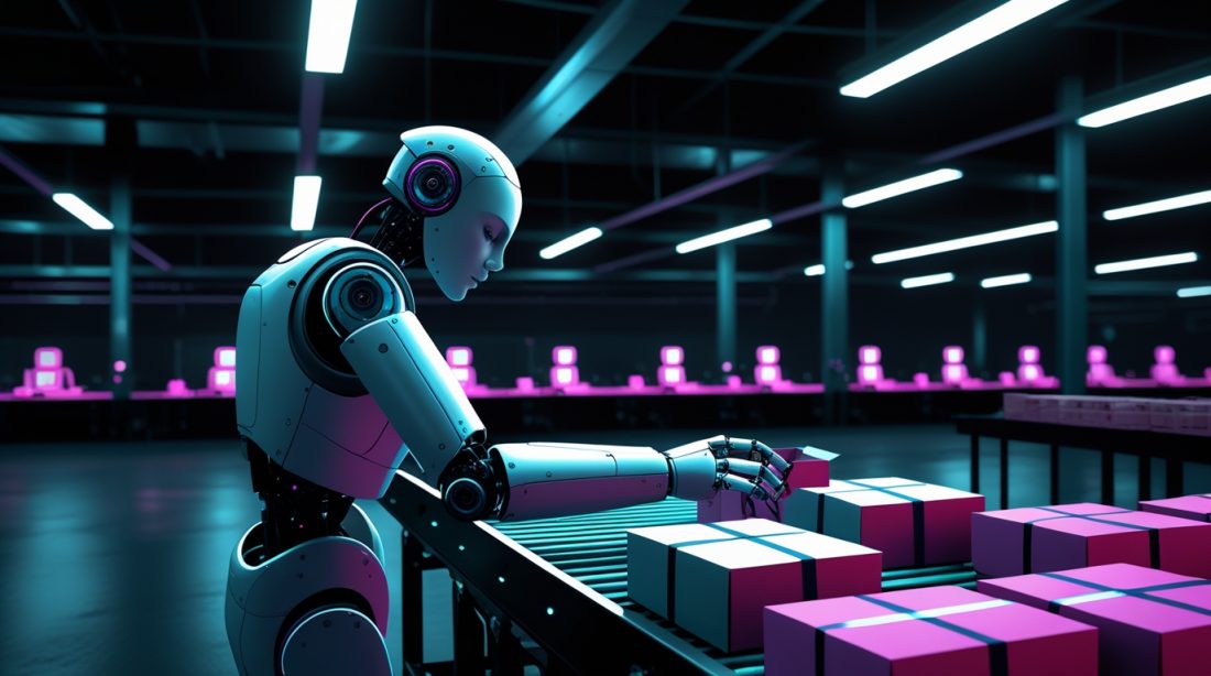 Humanoid Robots Nonstop in Package Testing illustration showing a humanoid robot working alone in a warehouse at night, continuously sorting and testing packages on a conveyor belt under neon blue and magenta lighting, with empty human workstations in the background suggesting full automation and nonstop industrial operations.