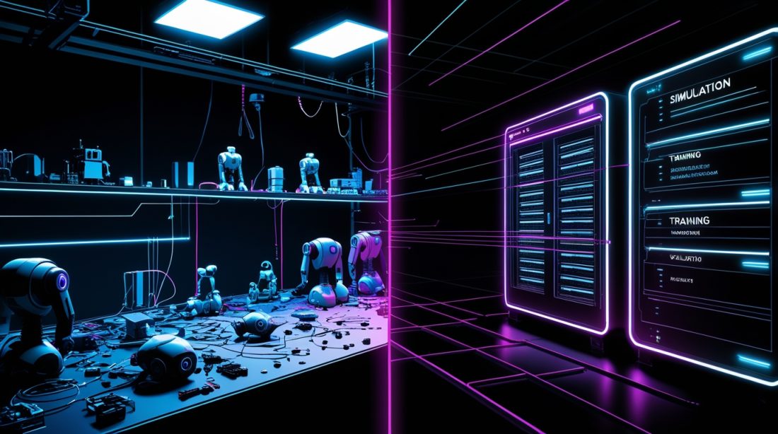 Lightwheel’s $100M in Q1 orders for physical AI illustration showing a split scene between a chaotic robotics experimentation lab and a structured AI infrastructure system with glowing simulation, training, and evaluation data streams, representing the shift toward scaled physical AI deployment.