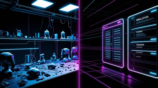 Lightwheel’s $100M in Q1 orders for physical AI illustration showing a split scene between a chaotic robotics experimentation lab and a structured AI infrastructure system with glowing simulation, training, and evaluation data streams, representing the shift toward scaled physical AI deployment.