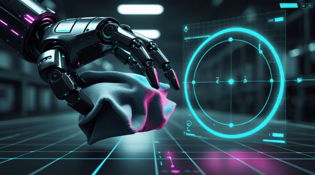 Robot Grasping Simulation in 2026 illustration showing a robotic hand gripping a complex object made of cloth, foam, and rigid parts, with a holographic simulation overlay highlighting cyan contact points, force vectors, and physics-based grasp analysis against a blurred factory floor background.