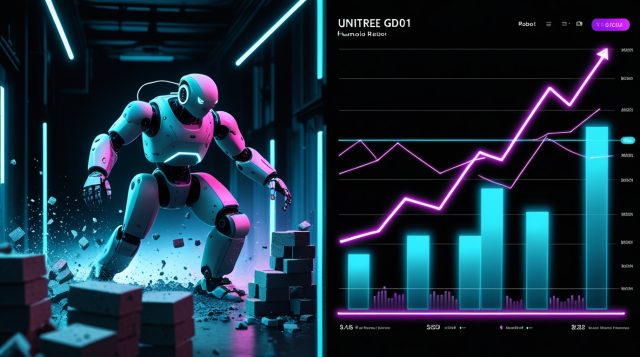 Unitree rideable wall smashing robot GD01 illustration showing a powerful industrial robot breaking through cinder blocks in a testing environment alongside a financial growth chart, representing performance-driven robotics innovation and revenue expansion.