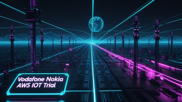 Vodafone Nokia AWS IoT Trial industrial IoT cloud data center telecom integration illustration showing hyperscale cloud servers, telecom towers, and IoT sensor networks connected through global fiber links with real-time data flows, representing a cloud-based IoT trial between major telecom and cloud infrastructure systems.