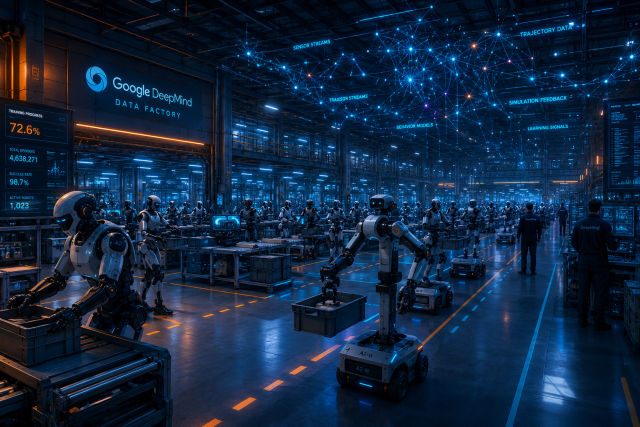 Apollo 2 humanoid robot training illustration showing a large-scale industrial facility where rows of bipedal and wheeled Apollo 2 humanoid robots perform picking, sorting, and packing tasks while technicians oversee operations and holographic AI data streams visualize large-scale robot training and data generation.