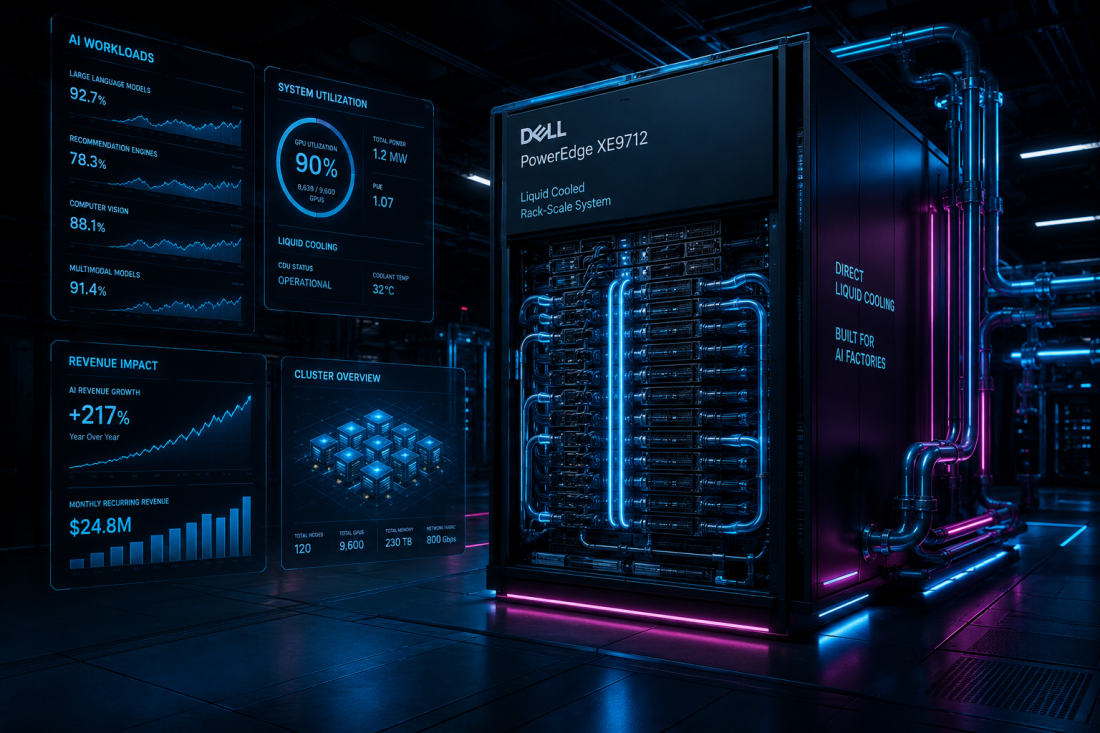 Dell rack-scale AI systems PowerEdge XE9712 liquid-cooled deployment illustration showing dense GPU server racks with direct liquid cooling manifolds and holographic AI infrastructure metrics, representing enterprise AI infrastructure growth and large-scale data center operations.