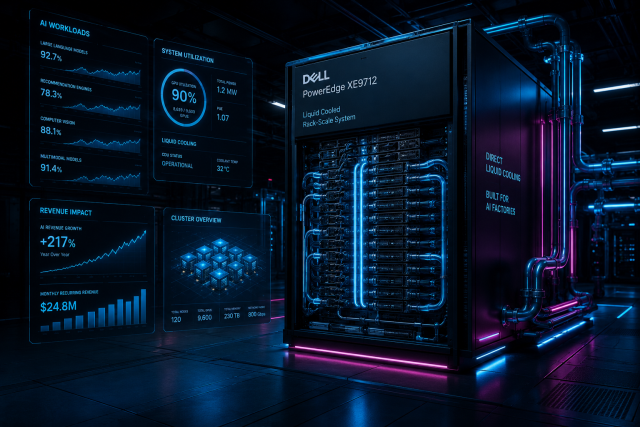 Dell rack-scale AI systems PowerEdge XE9712 liquid-cooled deployment illustration showing dense GPU server racks with direct liquid cooling manifolds and holographic AI infrastructure metrics, representing enterprise AI infrastructure growth and large-scale data center operations.