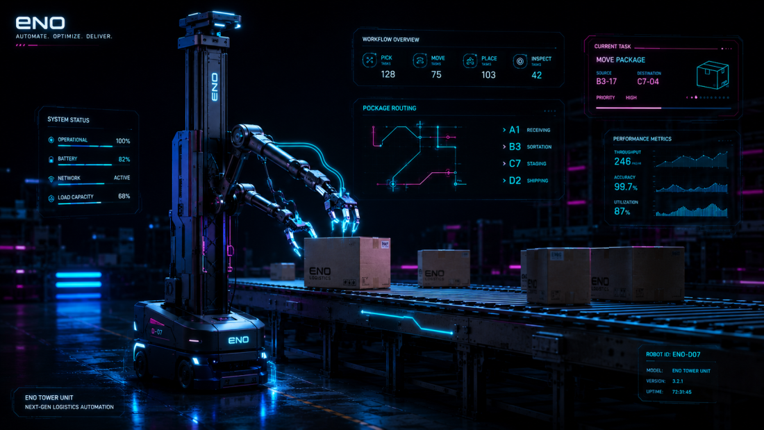 Genesis AI Eno wheeled robot on industrial factory floor deploying dexterous hands for logistics workflow illustration showing the modular Eno robot beside a conveyor belt under neon blue and magenta lighting, using its articulated hands to handle logistics tasks while holographic overlays display industrial workflow data.