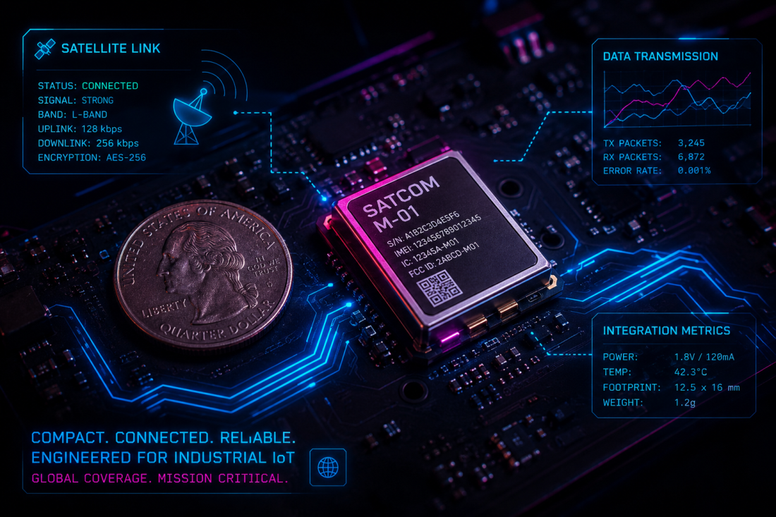 Iridium 9604 hybrid IoT module illustration showing a miniature satellite communication module mounted on an industrial monitoring circuit board beside a reference coin for scale, with glowing connectivity pathways and holographic data overlays highlighting compact design, multi-mode integration, and industrial IoT communications.