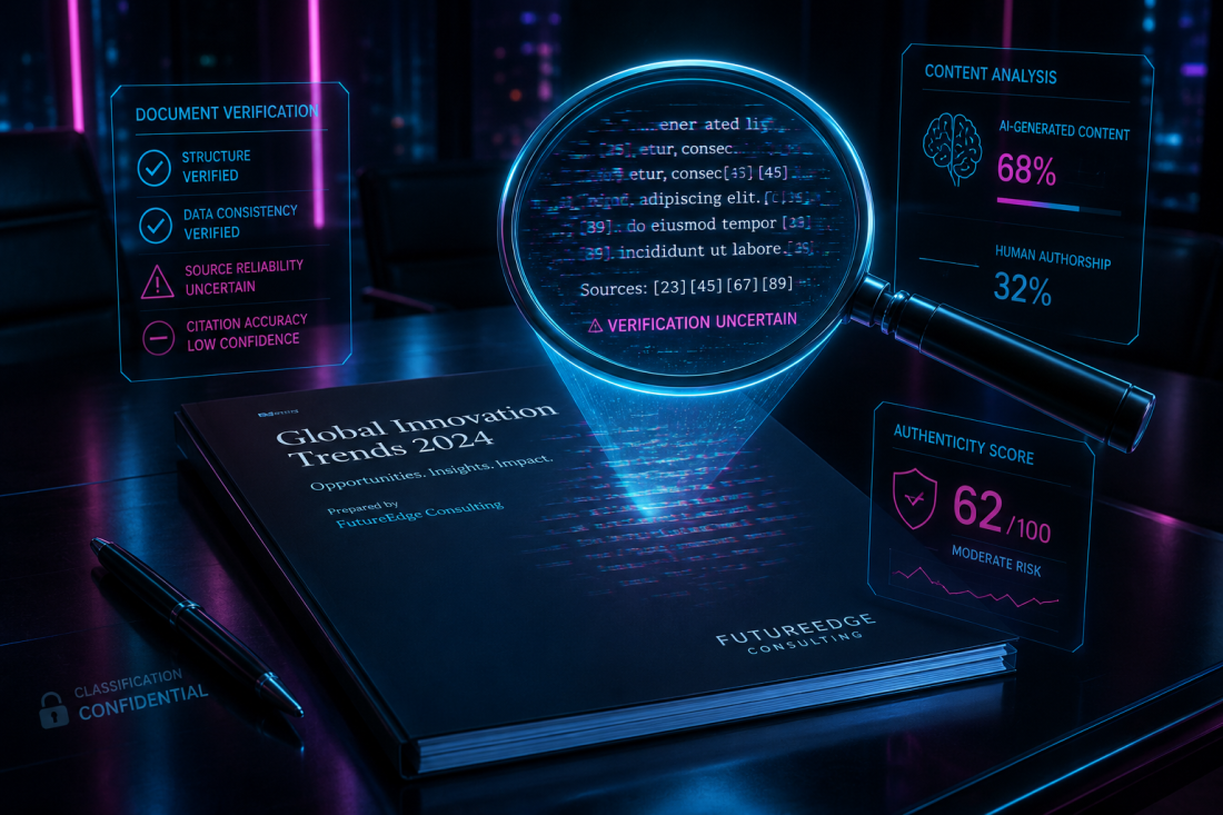 KPMG AI report hallucinations expose the governance gap in enterprise consulting document verification illustration showing a polished consulting report on a boardroom table with a magnifying glass revealing blurred citations and questionable references, while holographic verification overlays highlight challenges in AI-generated document accuracy and enterprise governance.