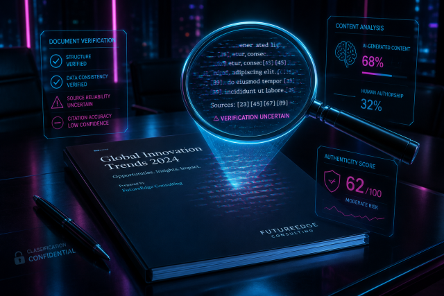 KPMG AI report hallucinations expose the governance gap in enterprise consulting document verification illustration showing a polished consulting report on a boardroom table with a magnifying glass revealing blurred citations and questionable references, while holographic verification overlays highlight challenges in AI-generated document accuracy and enterprise governance.