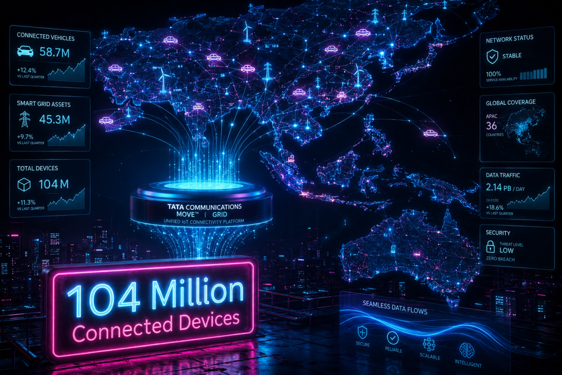 Aeris KDDI IoT Accelerator platform managing 104 million devices across automotive and utility deployments in Asia Pacific illustration showing a cyberpunk Asia-Pacific map with connected vehicle nodes and utility grid assets linked through a unified platform layer, visualizing large-scale IoT connectivity and continuous network operations.