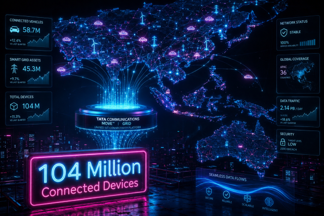 Aeris KDDI IoT Accelerator platform managing 104 million devices across automotive and utility deployments in Asia Pacific illustration showing a cyberpunk Asia-Pacific map with connected vehicle nodes and utility grid assets linked through a unified platform layer, visualizing large-scale IoT connectivity and continuous network operations.