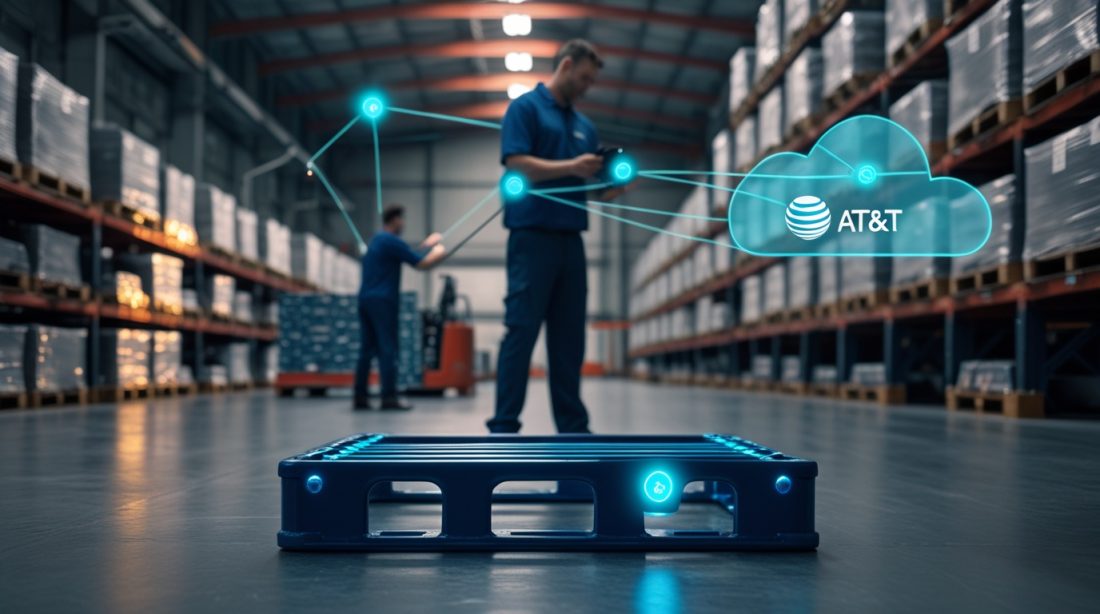 AT&T's industrial IoT logistics play is about margin, not bandwidth—a tagged roll cage in a warehouse with glowing sensor and visible AT&T network overlay.