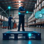 AT&T's industrial IoT logistics play is about margin, not bandwidth—a tagged roll cage in a warehouse with glowing sensor and visible AT&T network overlay.