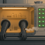 "containment failure" — a laboratory glovebox scene with one glove visibly torn and a faint vapor trail escaping the seal while warning lights stay dark, clean editorial-illustration style, no text overlay.