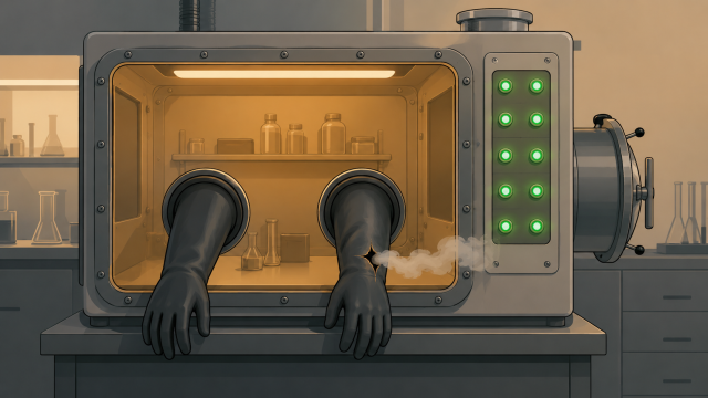"containment failure" — a laboratory glovebox scene with one glove visibly torn and a faint vapor trail escaping the seal while warning lights stay dark, clean editorial-illustration style, no text overlay.