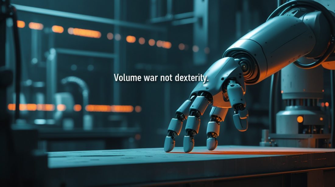 China robot hands are winning the volume war—a single robotic hand on a dark factory workbench, surrounded by faint industrial machinery and subtle data streams, with electric cyan and burnt orange accent lighting