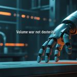 China robot hands are winning the volume war—a single robotic hand on a dark factory workbench, surrounded by faint industrial machinery and subtle data streams, with electric cyan and burnt orange accent lighting