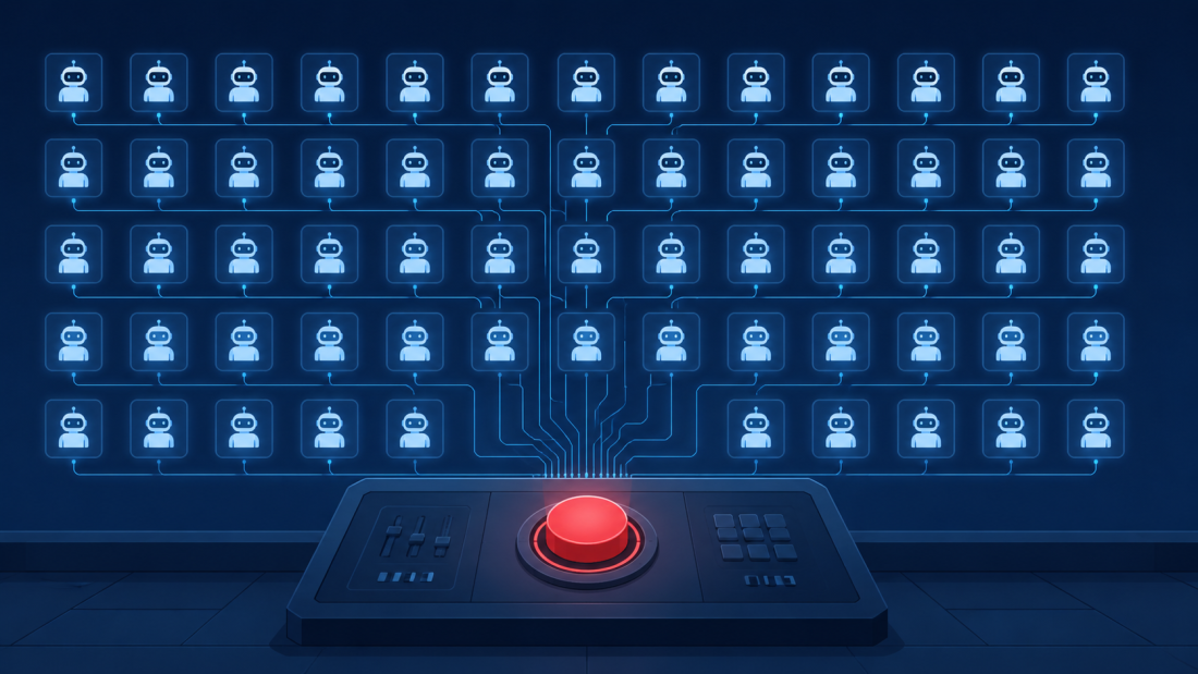 "control planes" — a control-room dashboard illustration with dozens of small AI agent icons connected to a single central console with a visible emergency-stop button, clean editorial-illustration style, no text overlay.