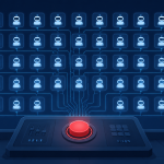 "control planes" — a control-room dashboard illustration with dozens of small AI agent icons connected to a single central console with a visible emergency-stop button, clean editorial-illustration style, no text overlay.