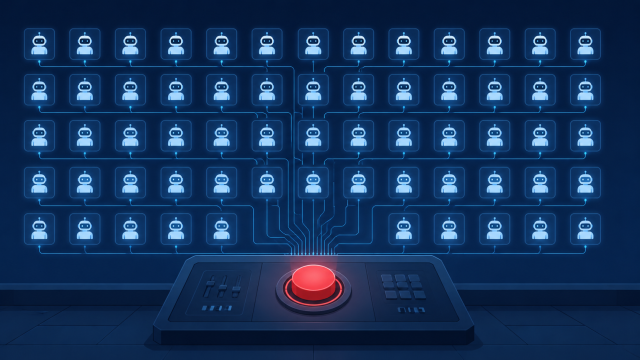 "control planes" — a control-room dashboard illustration with dozens of small AI agent icons connected to a single central console with a visible emergency-stop button, clean editorial-illustration style, no text overlay.