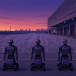 "robot pre-orders" — a stylized warehouse loading dock with rows of wheeled humanoid robot silhouettes, some fully rendered in solid purple and others shown as translucent outlines to represent unfulfilled orders, clean editorial-illustration style, no text overlay.