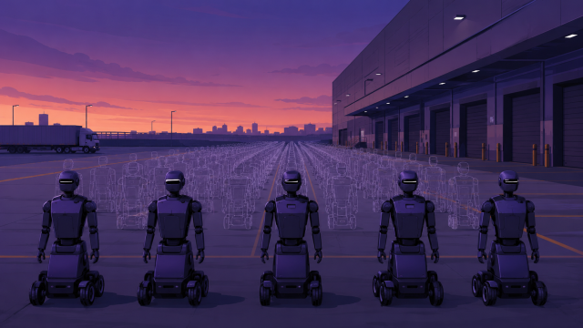 "robot pre-orders" — a stylized warehouse loading dock with rows of wheeled humanoid robot silhouettes, some fully rendered in solid purple and others shown as translucent outlines to represent unfulfilled orders, clean editorial-illustration style, no text overlay.